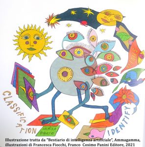 Illustrazione tratta da “Bestiario di intelligenza artificiale”, Ammagamma, illustrazioni di Francesca Fiocchi, Franco  Cosimo Panini Editore, 2021